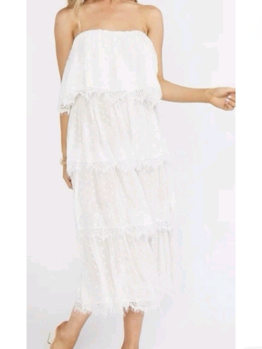 Show Me Your MuMu Lana Midi Dress White Lace; Size XL; Tiered, Romance, Elegant